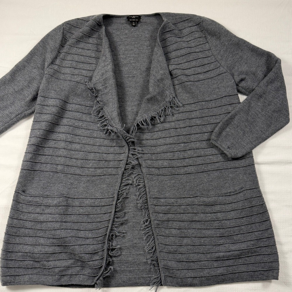 Talbots Petites Grey Pure Merino Wool Fringe Open Front Cardigan Sweater LP